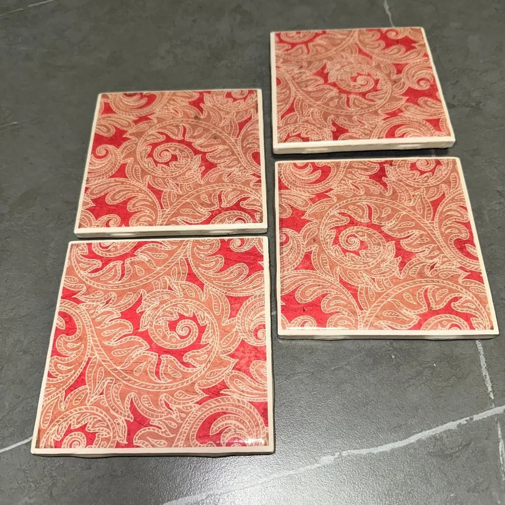 4pcs Vintage Paisley Filigree Floral Ceramic Tile Beverage Coasters - Picture 4 of 5